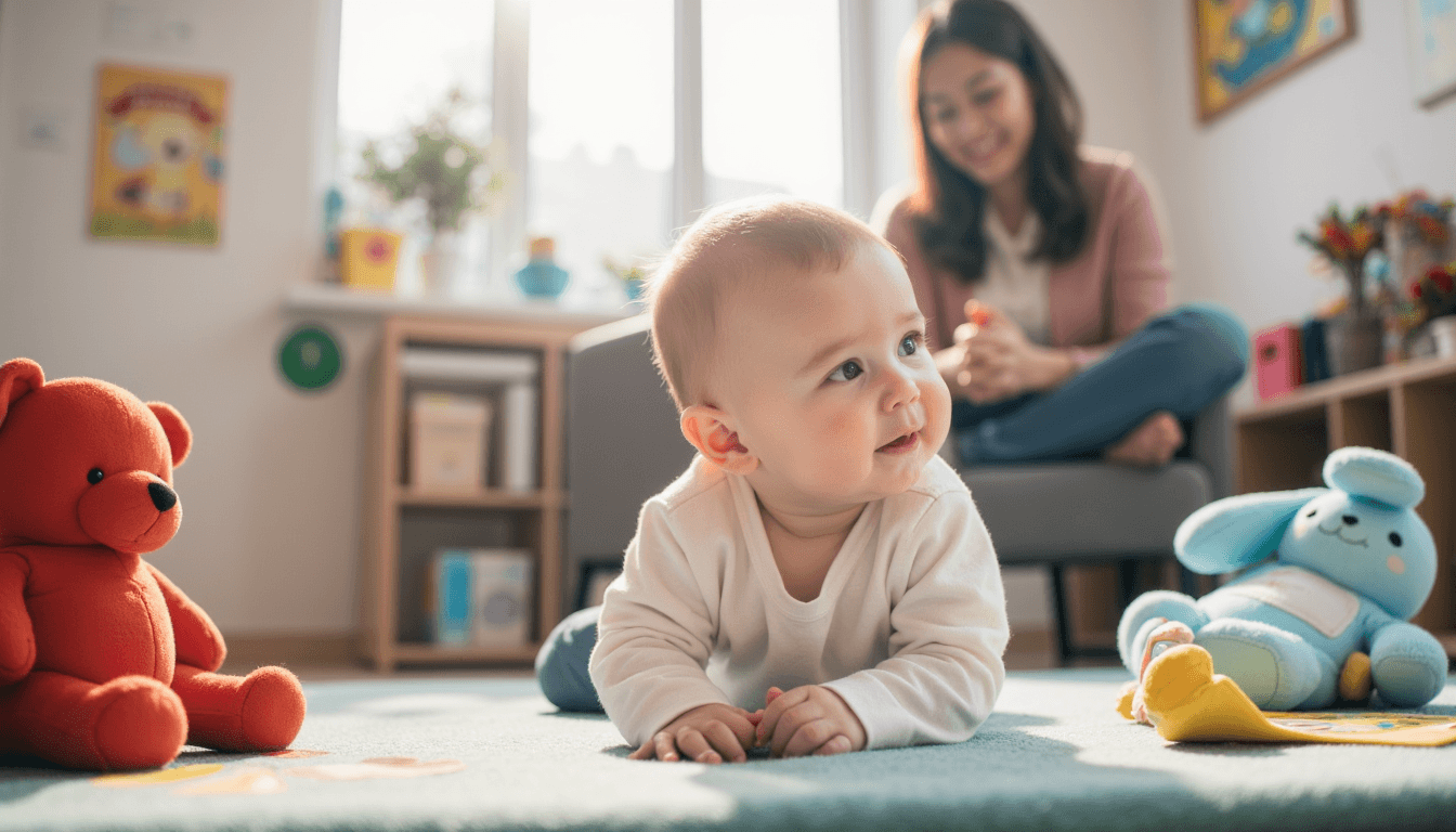 Baby playing with toys during infant daycare program