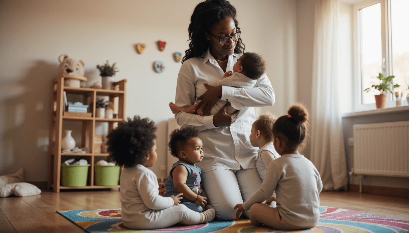 Teacher caring for babies in infant classroom