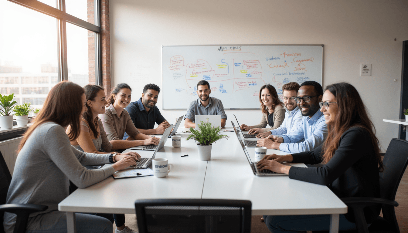 The Emorej team collaborating on a digital marketing strategy.