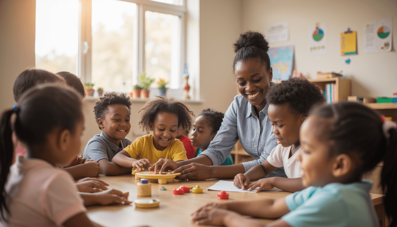 Children doing art activity in preschool classroom