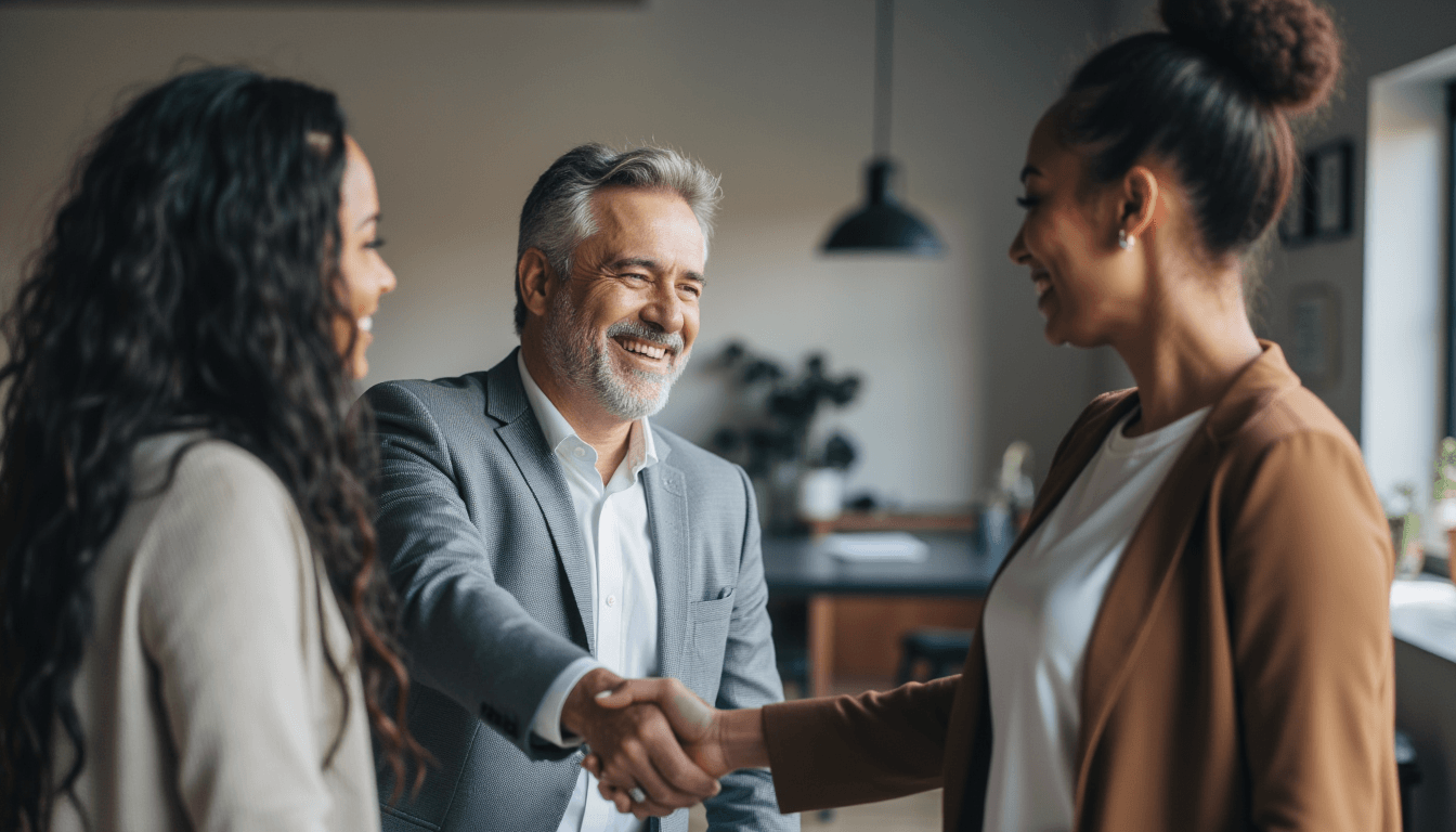 Emorej team member shaking hands with a client, reflecting a successful partnership.