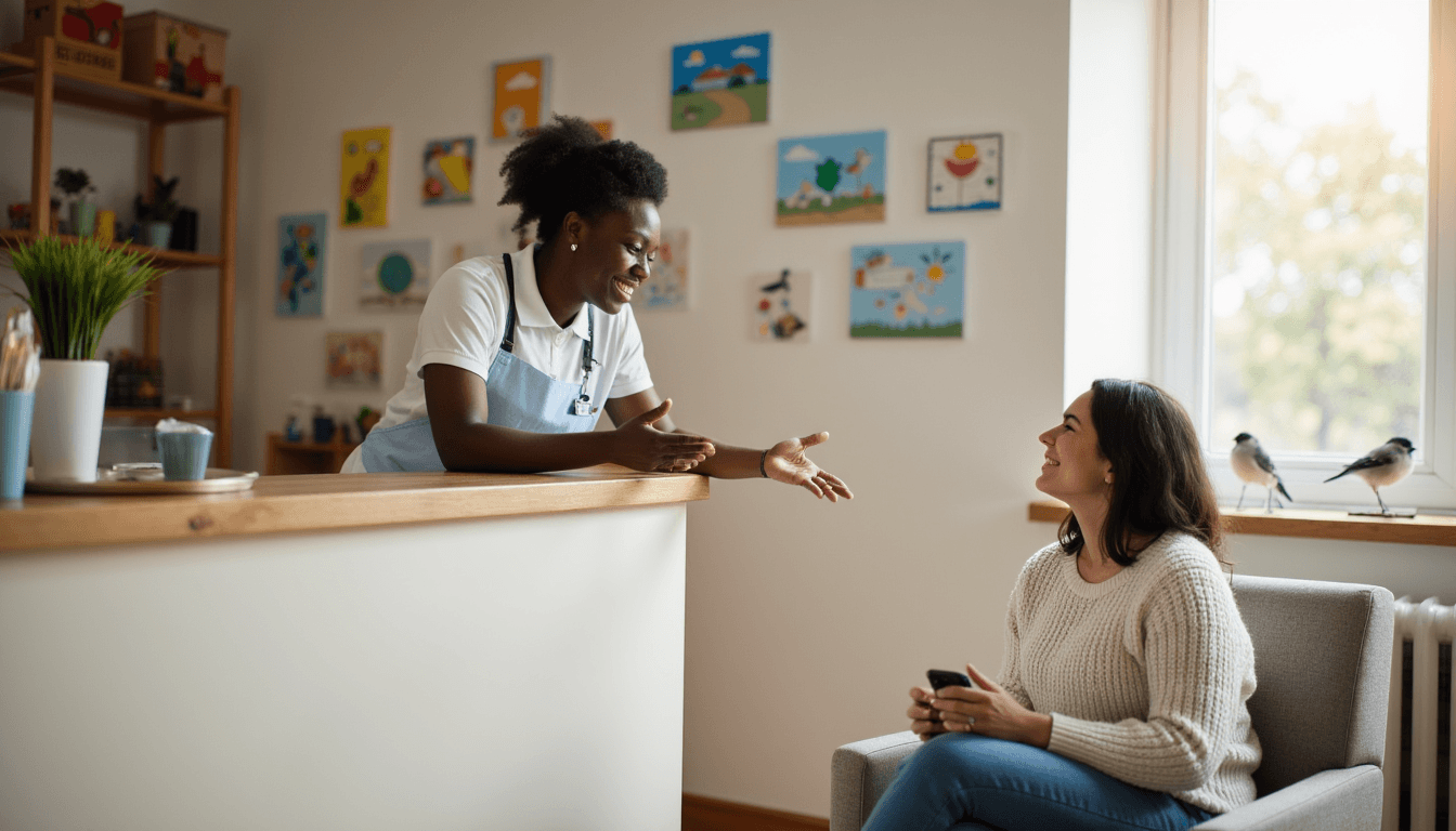 Parent speaking with daycare staff at front desk