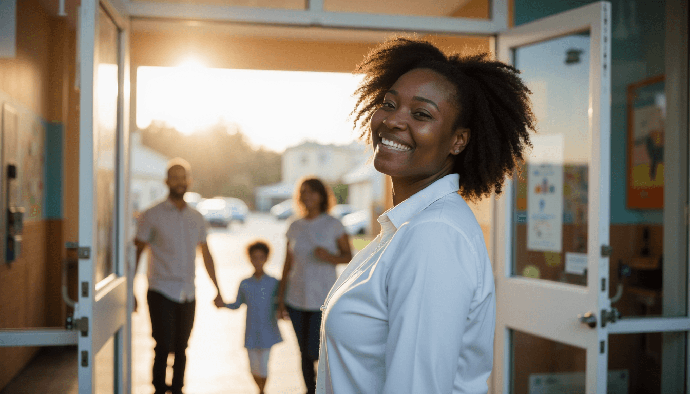 Parent and child arriving at Little Learners Academy daycare center