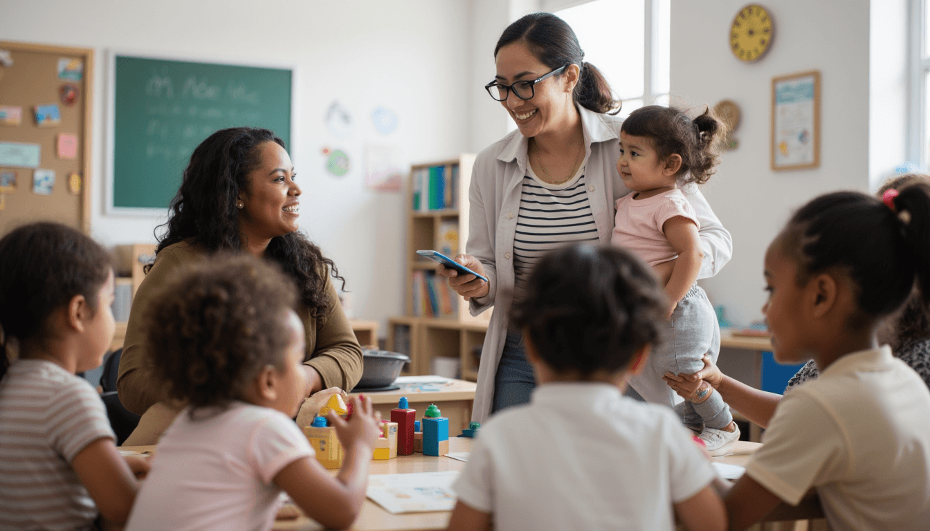 Parent discussing childcare programs with daycare staff