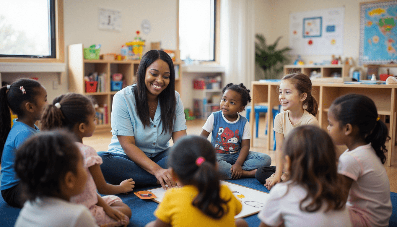Children participating in daily preschool classroom routine