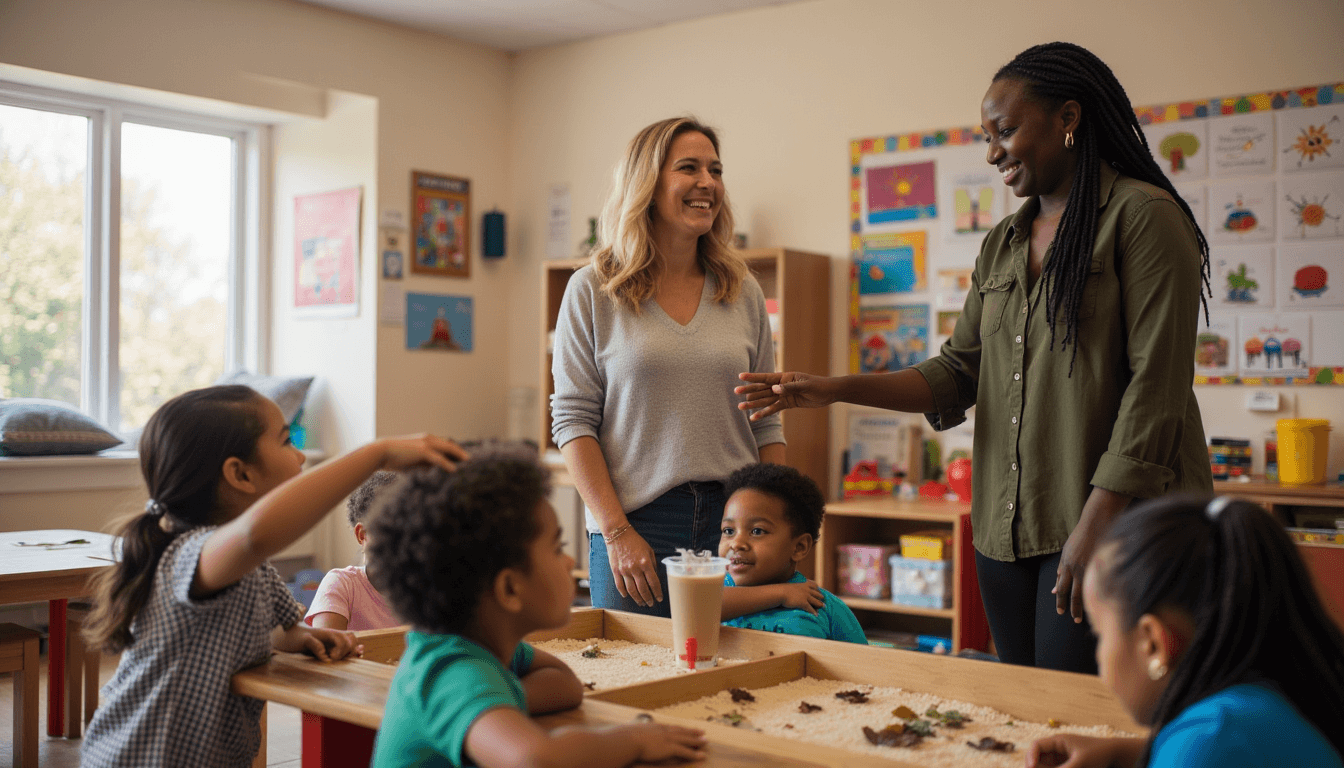 Parent visiting daycare classroom during tour