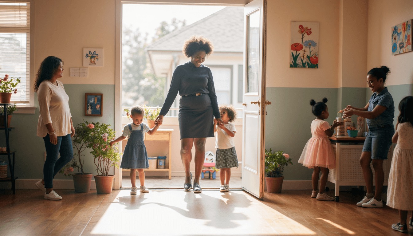 Teacher welcoming children at Little Learners Academy