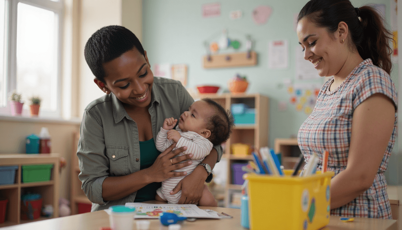 Parent touring infant daycare classroom