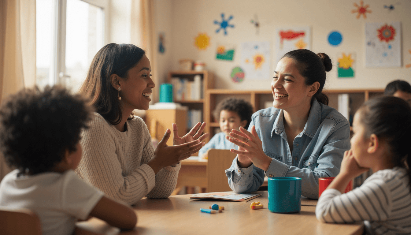 Parent discussing childcare programs with daycare staff